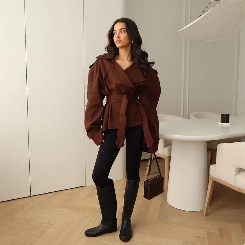 F Neue Mode Lace up Abgeschnitten Trenchcoat Frauen Revers Lange Ärmel Breite Schulter Windjacke Herbst Pendeln Täglichen Jacken – Detail 3