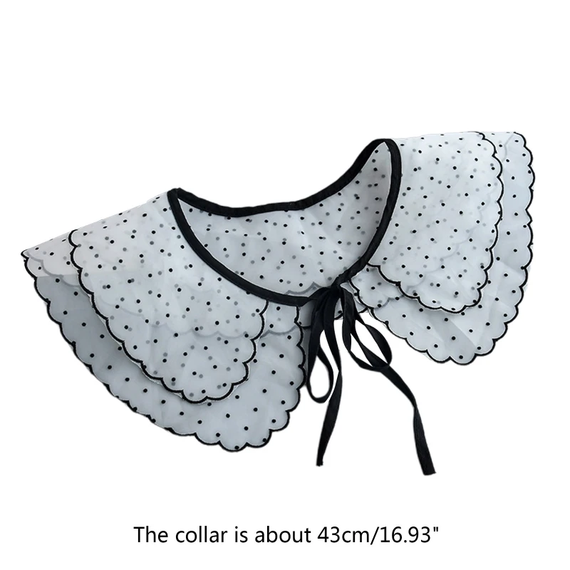 Women Vintage Polka Dot Double Layer Faux Collar Big Shawl Elegant Black Scalloped Trim Half Shirt Lace-Up Mini Capelet