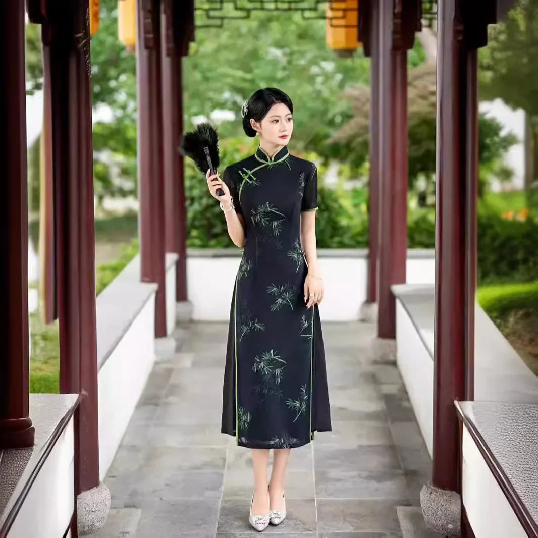 Yourqipao الأسود الصينية التقليدية شيونغسام نمط جديد 2024 فتاة نمط شابة سليم تحسين تشيباو للنساء