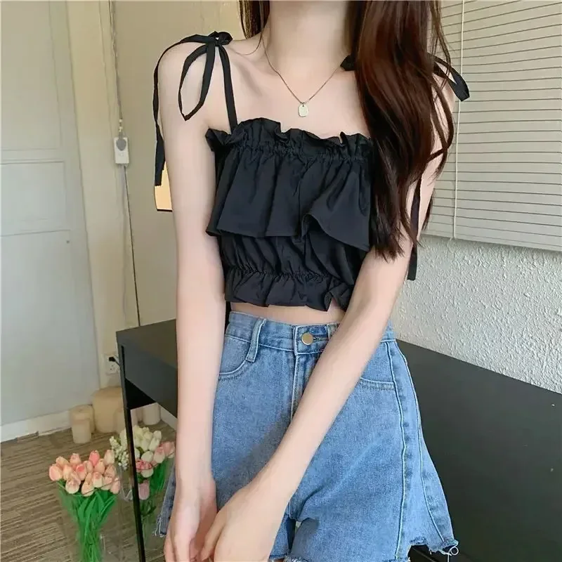 Women Summer Crop Camisoles 2024 Low-Cut Sling Plain Ruffle Ruched Short Tops Ladies Shoulder Straps Tie Slim Navel Vest