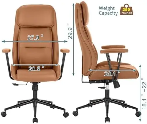 High Back Office Chair, Ergonomic Reclining Swivel Chair, Brown Leather with Lumbar Support