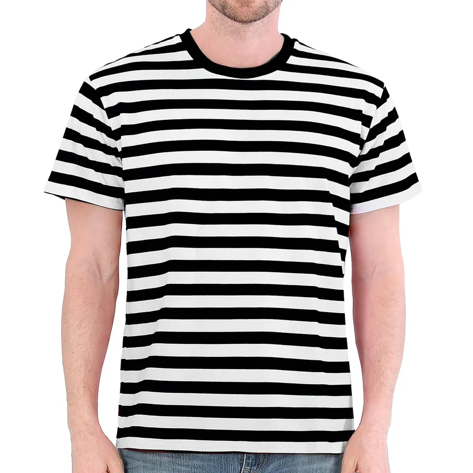 Black White Striped Shirt Men Cotton Short Sleeve Casual Basic Tee