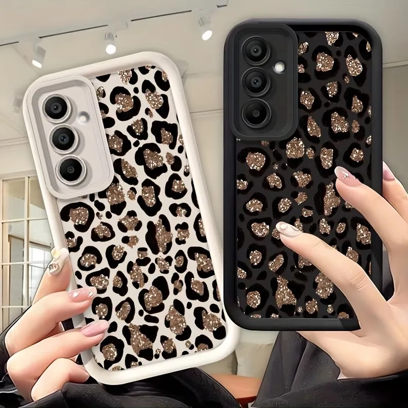 Glitter Leopard Print Silicone Phone Case For Samsung Galaxy A73 A72 A71 A56 A55 A54 A53 A52 A51 A50 Raised Border Back cover