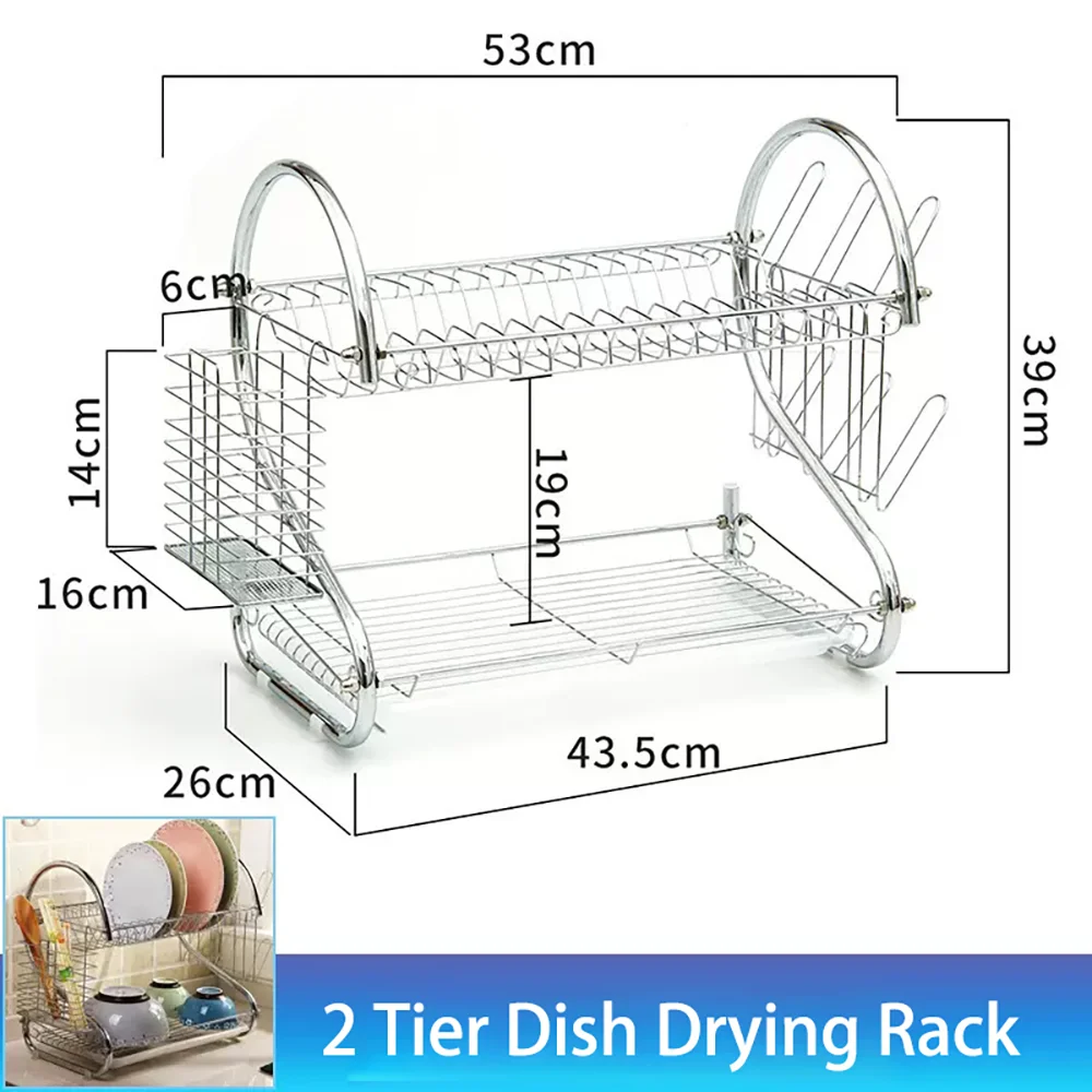 2 Tier Dish Drainer Rack Kitchen S-Shape Drying Rack Bowl Plate Holder Large Capacity Storage Shelf With Drip Tray