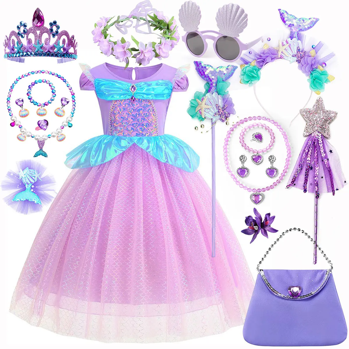 

Disney Princess Dress New Little Mermaid Ariel Purple Dress For Girls Cosplay Sequined Puffy Dress Suit Carnival Birthday Party