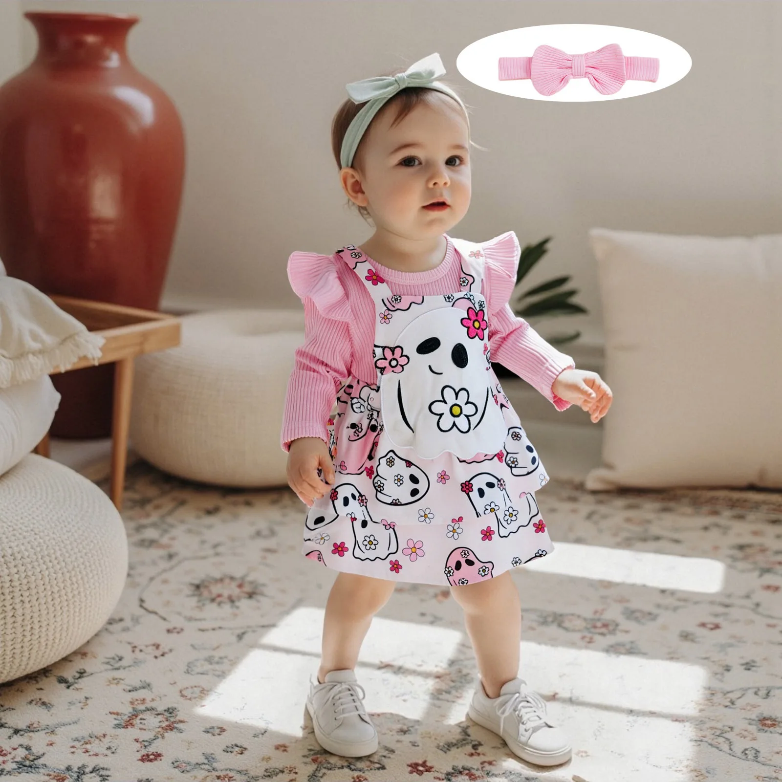 Baby Girls Halloween Outfits Solid Color Long Sleeve Romper with Ghots/Candy Cane Print Overall Skirt and Bow Headband