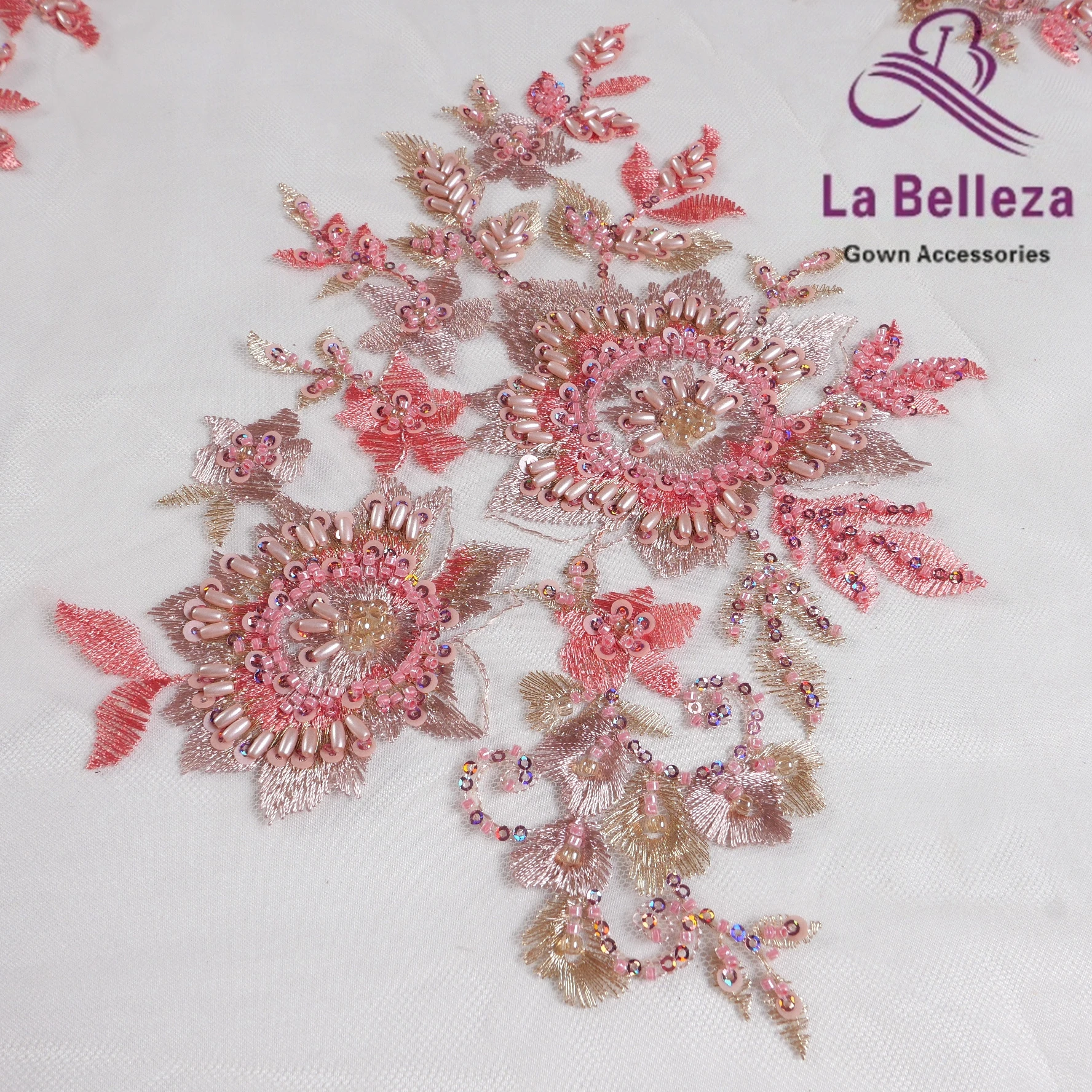 Brown pink mixed gold beaded sequin machine embroidered fabric for dress show clothing tailoring