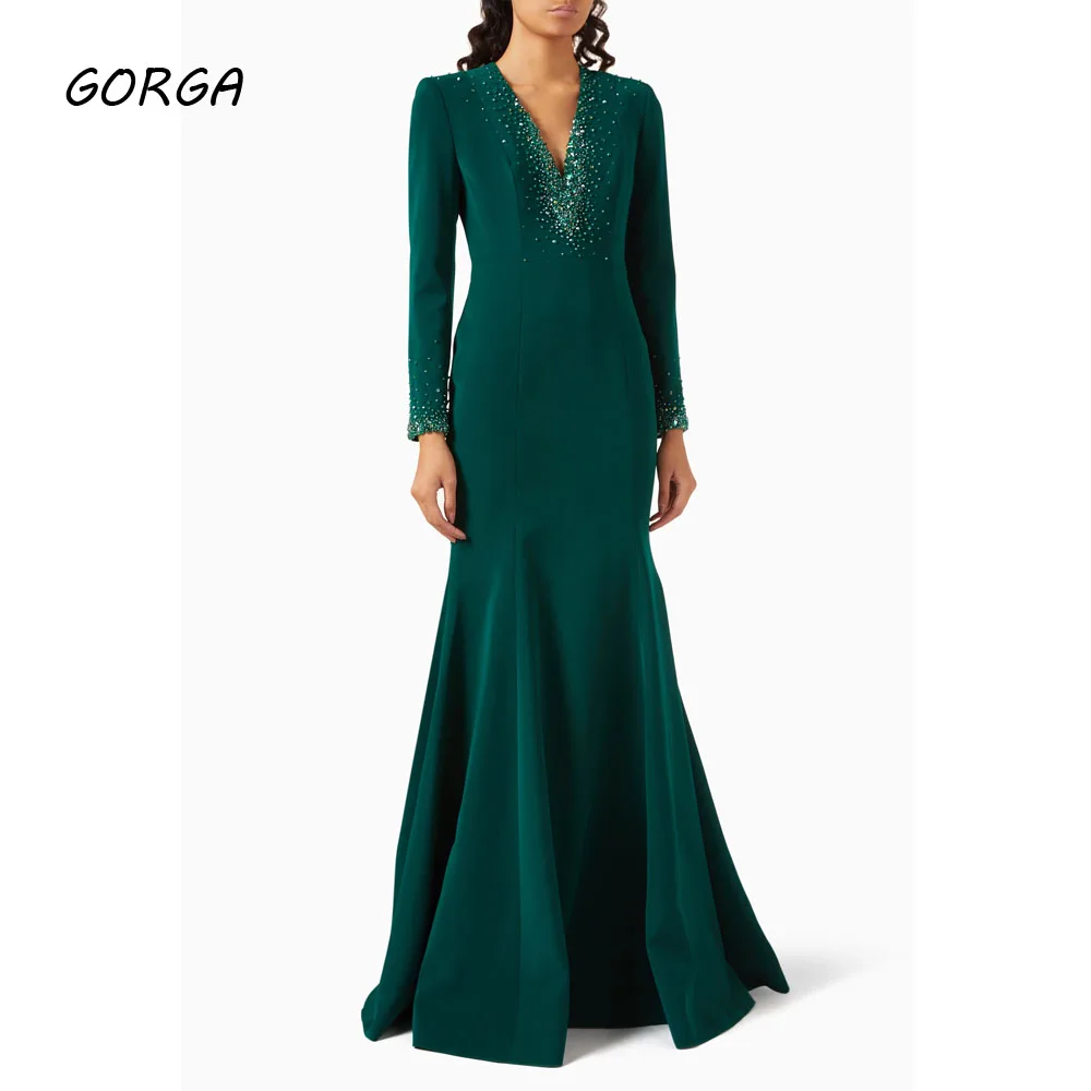 

GORGA индивидуальное зеленое креповое вечернее платье с v-образным вырезом и бисером, тонкое платье русалки для выпускного вечера, 2025 год, вечернее платье с длинными рукавами