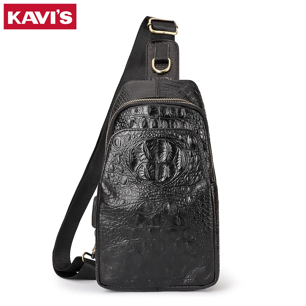 KAVIS Men's messenger bag made of leather, large-capacity adjustable crocodile leather texture design, cowhide shoulder bag