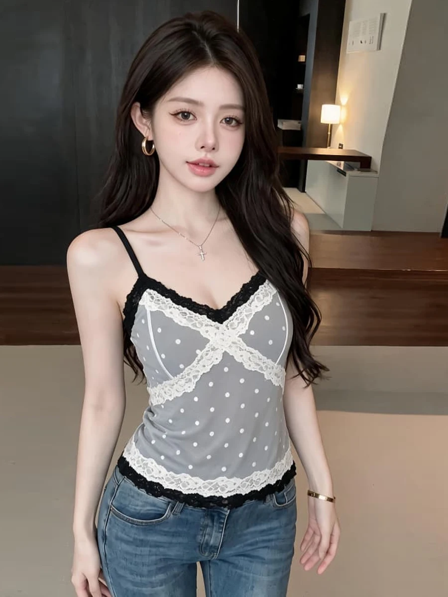 French Style Lace Splice Cross Polka Dot Flocking Slimming Design Sensation Women's Tank Top Velvet Texture Sweet Pure Desire