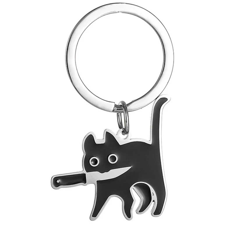 Stainless Steel Black Cat with Knife Mouth Cartoon Keychain Japanese Style Creative Personality Keyring Schoolbag Pendant Gifts