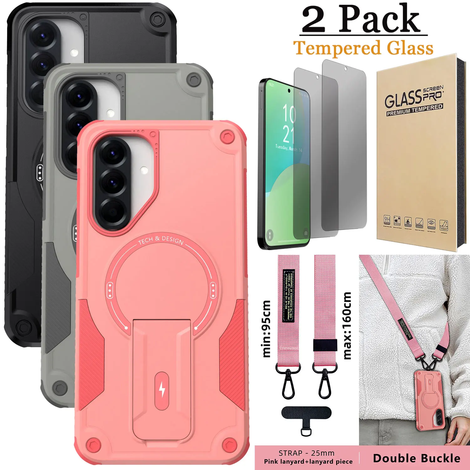 

Для Samsung Galaxy A56 магнитный противоударный чехол-подставка + цепочка для телефона + 2 шт. защитная пленка из закаленного стекла для конфиденциальности