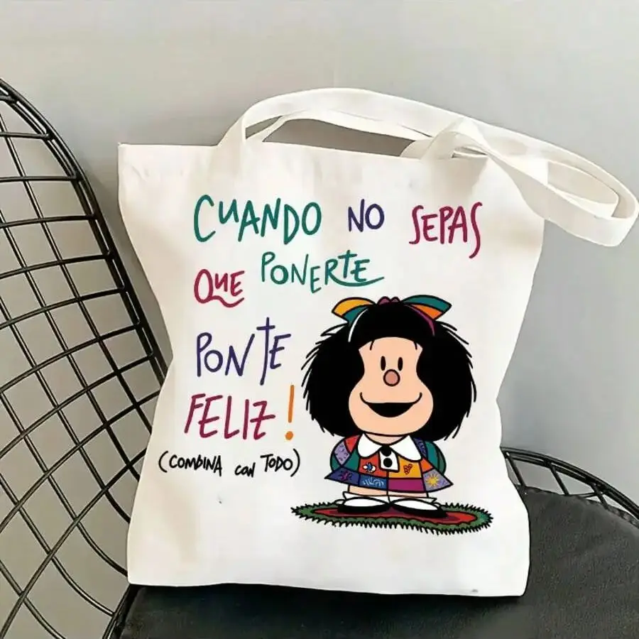 Cartoon Mafalda Mafada 2D Print Pattern Canvas Tote Bag Fashionable Unisex Shoulder Bag for Daily Use