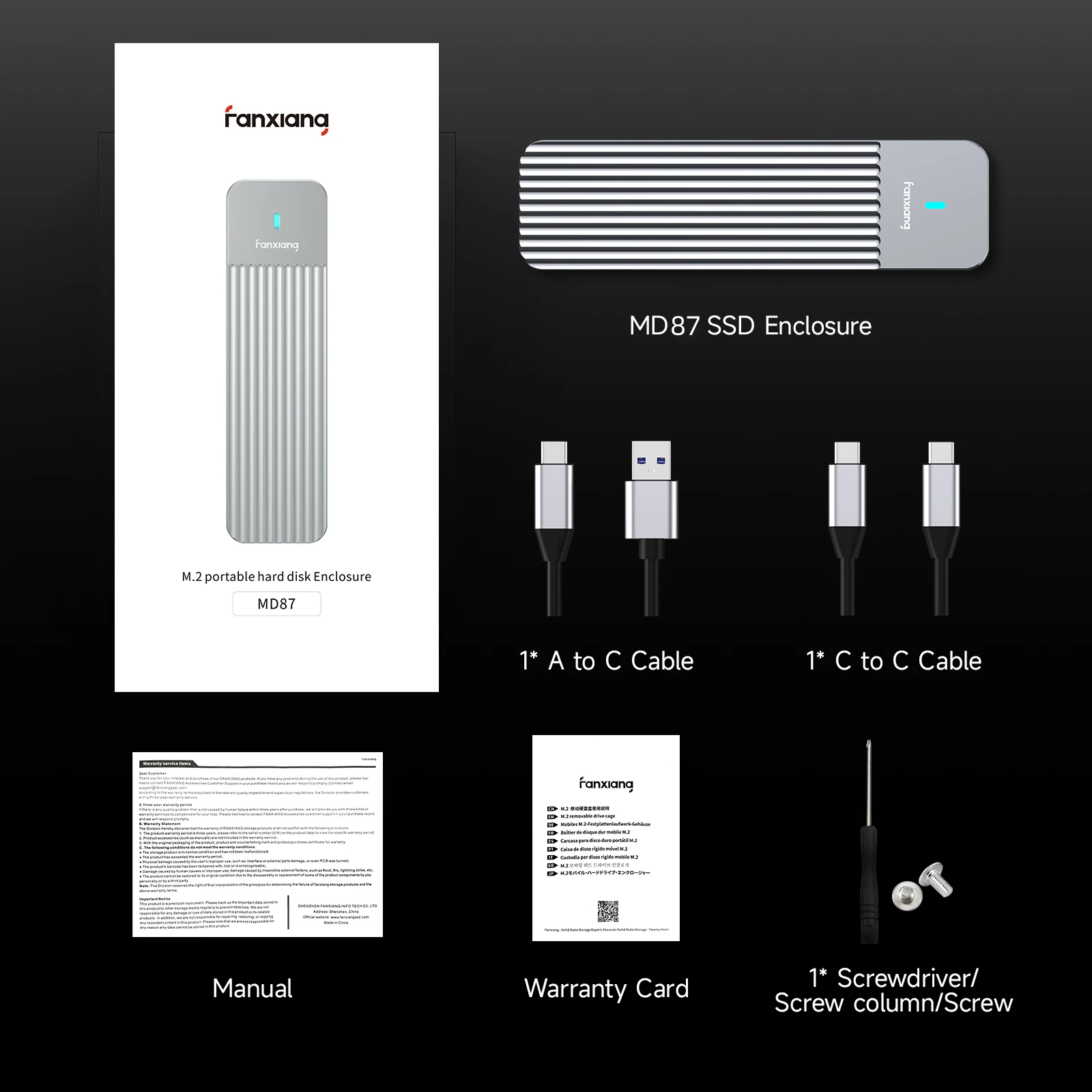 Custodia SSD Fanxiang MD87 M.2 Custodia SSD da 10 Gbps NVMe/NGFF-SATA a doppio protocollo USB 3.2 Gen2 Tipo C per scatola disco SSD 2280/2242/2230