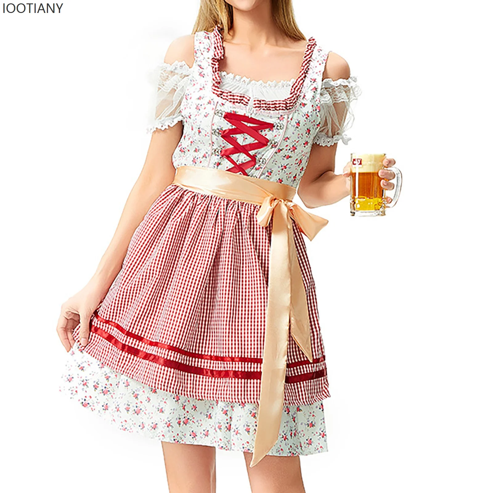 

Germany Munich Oktoberfest Women's Baglia Retro Traditional Pink Print Lace Dress Cosplay Maid Costume Stage Performance Clothes