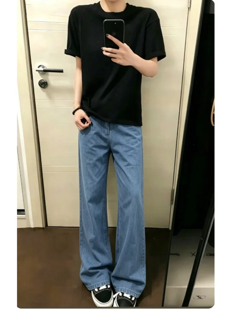 Retro Washed American High Street Men's Jeans Flared Straight Leg Workwear Slimming Blue Denim mid Waist Zipper Summer Wear
