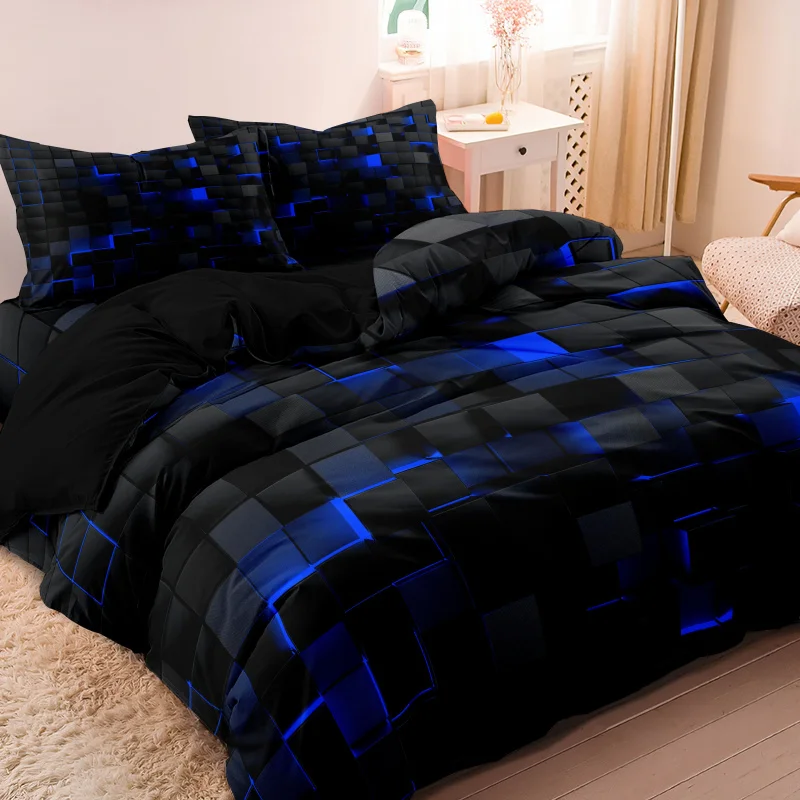 1*Down quilt cover   1/2*Pillowcase，Without Core，Black Blue Grid Printing Bedding