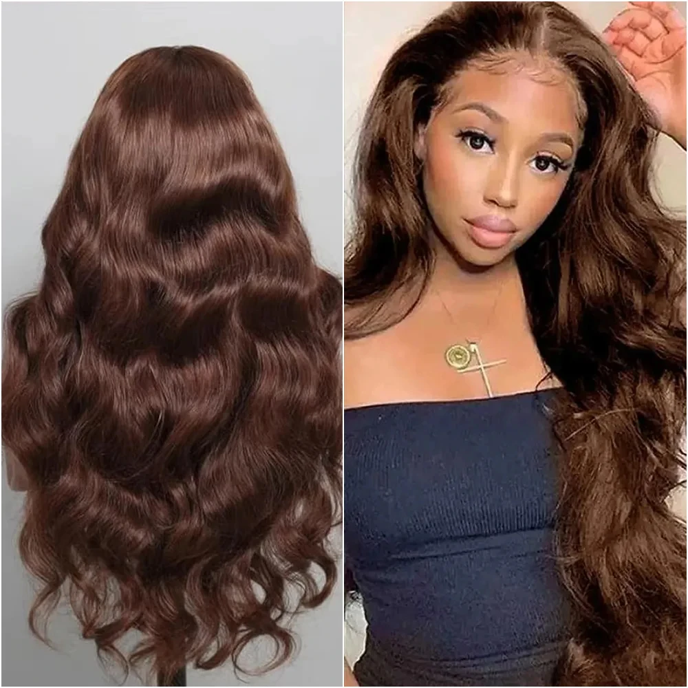 Schokoladenbraune, gewellte Lace-Front-Perücke, transparent, 200 % Dichte, 4 x 4 HD-Spitzenverschluss-Perücken, vorgezupfte farbige Echthaar-Perücken