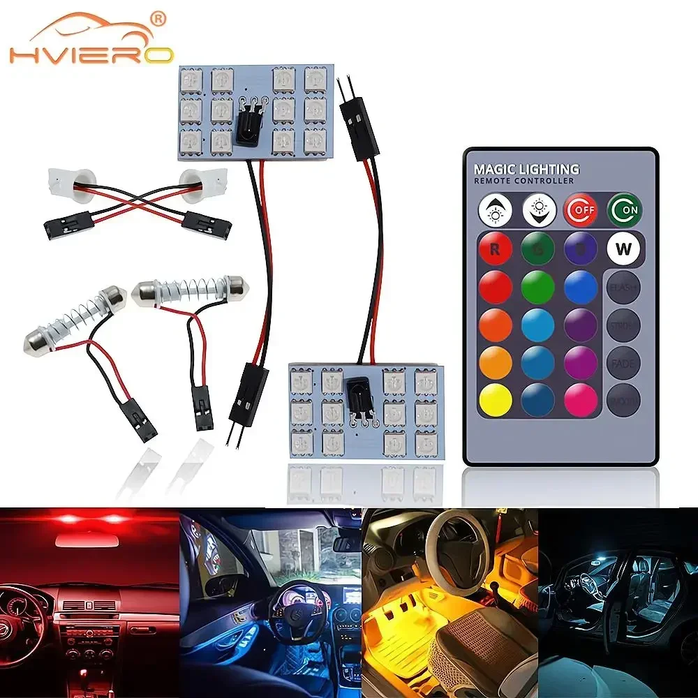 

2pc Car Leds T10 5050 12SMD 15SMD 24SMD 36SMD Remote Control RGB Panel Reading Dome Festoon BA9S Adapter 12V Interior Auto Light