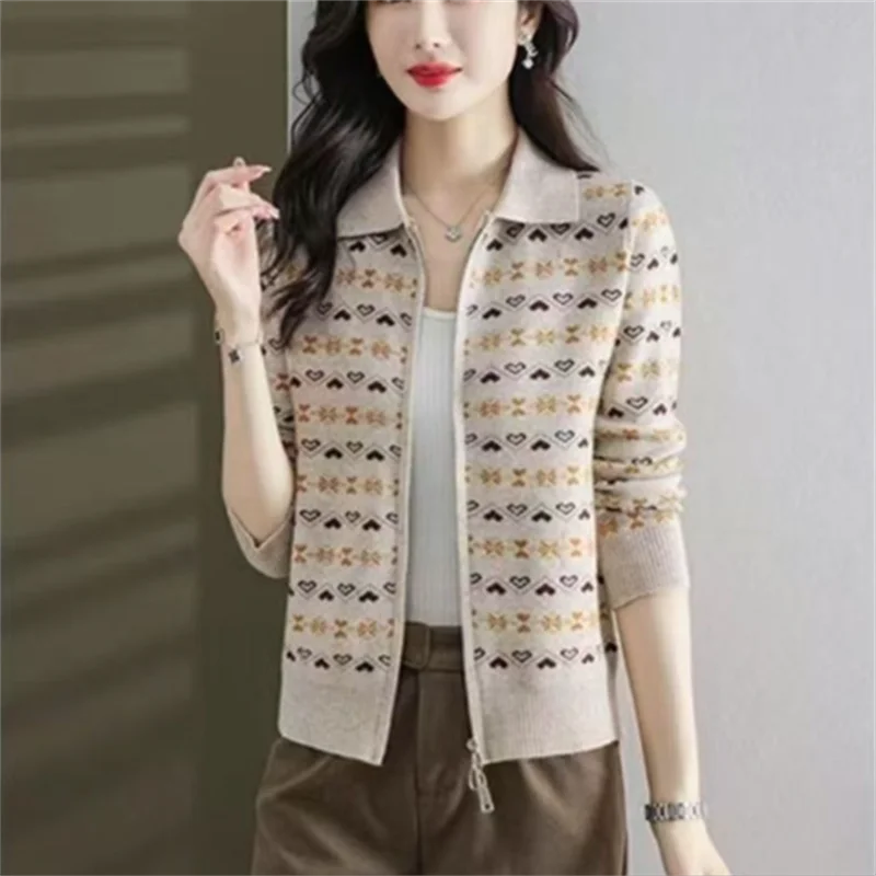 

Women's Knit Coat Cardigan Knitwear OL Zip Sweater Jacket Loose Print Outwear Laple Spring Autumn Woman Clothes Coats
