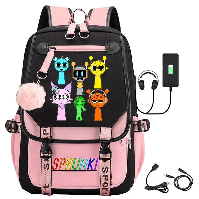 New Sprunki School Bags Teenager USB Charging Laptop Backpack Boys Girls Student Book Bag Incredibox Game Travel Bag Best Gift