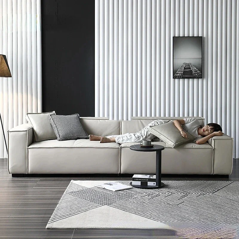 

Block Leather Living Room Sofas Italian Minimalist First Floor Cowhide Apartment Straight Row Wohnzimmer Sofas Salon Furniture