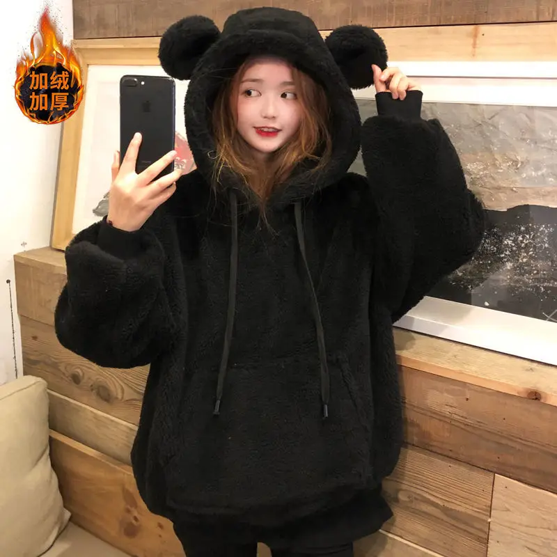 Extra Large 300kg Bear Ear Sweater Women\'s Thickened Korean Version Ins Loose Cute Rabbit Fat Sister Hooded Jacket Fashion