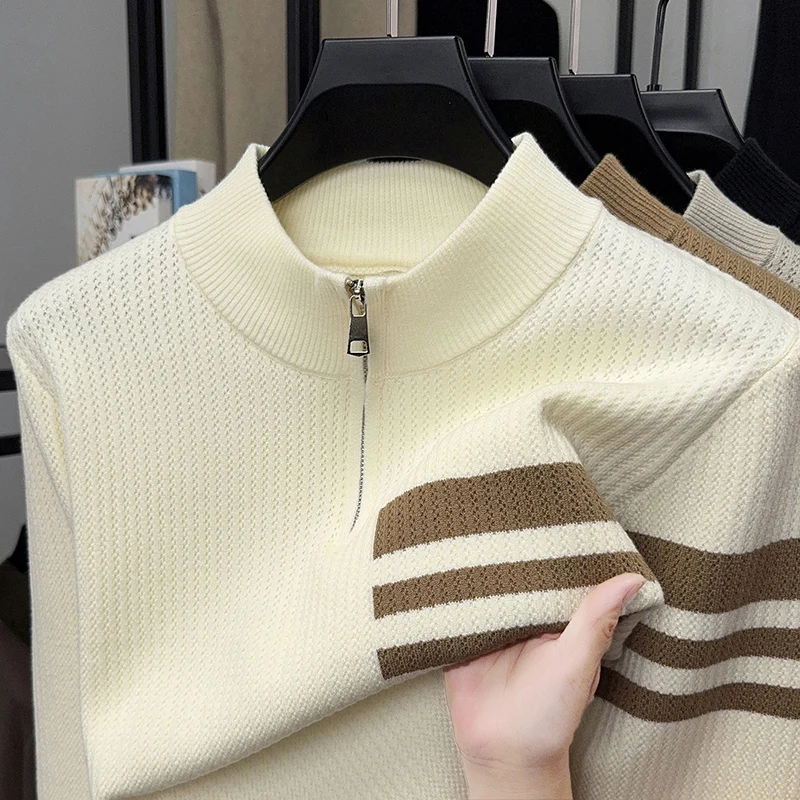 

High quality half zipper sweater men's autumn winter new trend personalized striped button design Korean casual knitted pullover