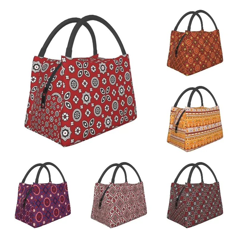 

Traditional Sindhi Ajrak Art Insulated Lunch Bags for Outdoor Picnic Ethnic Tribe Print Resuable Cooler Thermal Bento Box Women