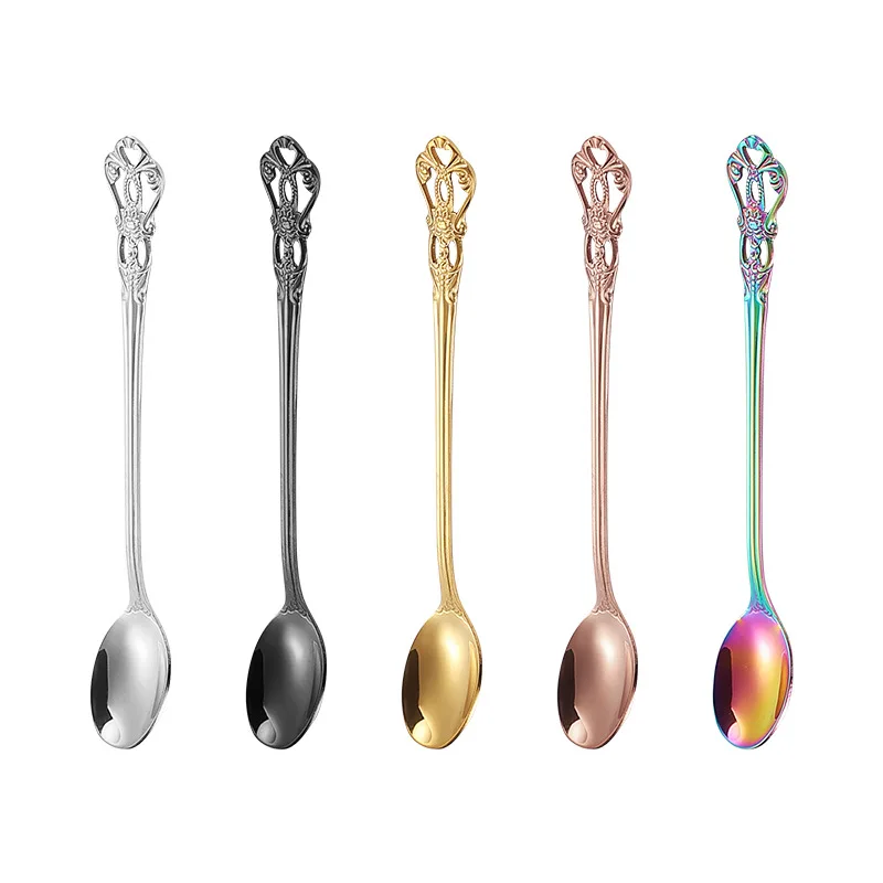 Retro Coffee Spoon Creative Long Handle Stainless Steel Ice Spoon Stirring Spoon Ice Cream Dessert Spoon Kitchen Accessories