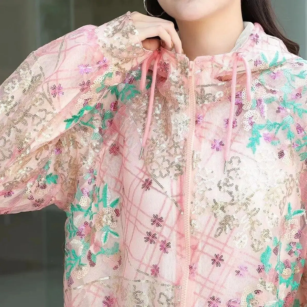 Châu Âu Sang Trọng Nữ Kim Sa Lấp Lánh Áo Khoác Sang Trọng Nhiều Màu Sắc Bling Hoa Hồng Áo Dáng Rộng Dài Tay Áo Tím Áo Khoác Ngoài Ins