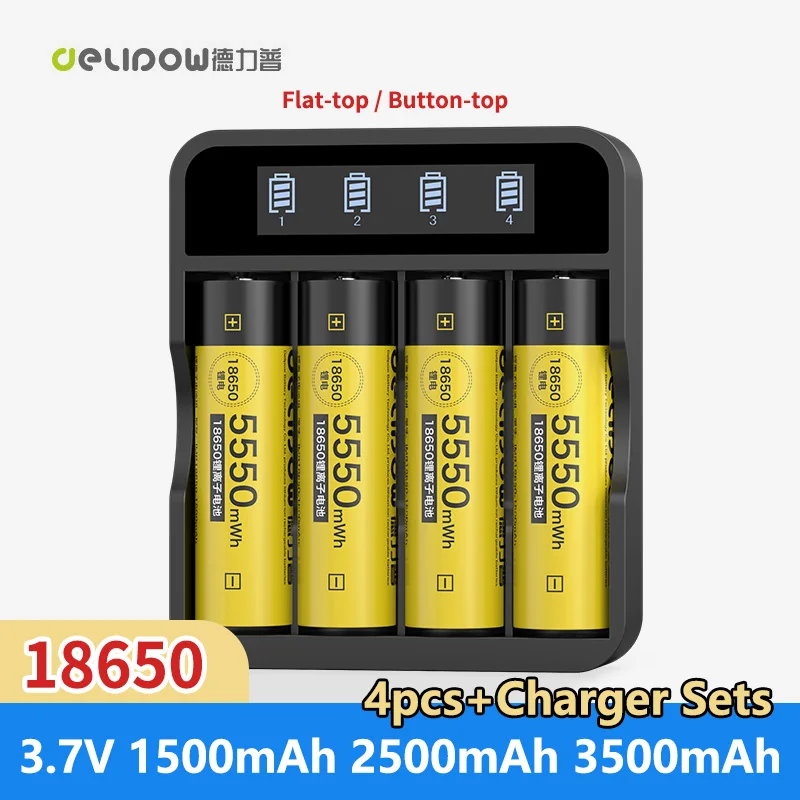 4pcs Delipow 100% New Original 18650 battery Charger Sets 3.7v 3500mAh 2500mAh 1500mAh 18650 Lithium lon Rechargeable Battery