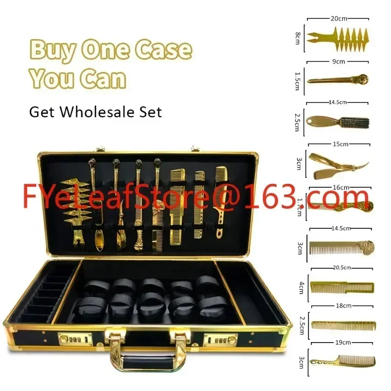 Custom Logo 10pcs/set Luxury Gold Barber Haircut Tools Case Organizer Box Aluminum Password  For Stylist Travel Carry Case