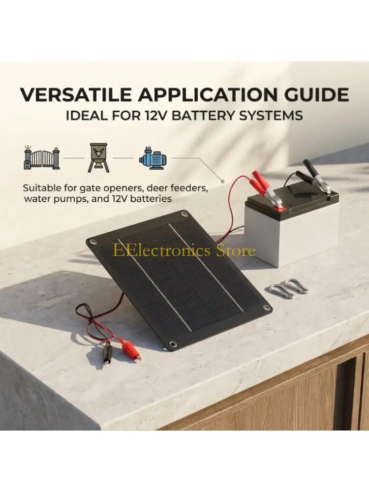 B03C 12V Solar Charging Panel with Four Corner Grommets and Battery Clamps for Supplemental Power and Maintenance Charging in