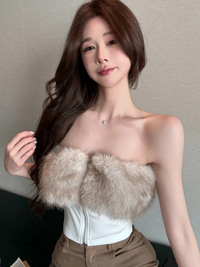 

Ретро-топ укороченный женский облегающий с открытыми плечами, безрукавка с меховым воротником, топ-бандо для осенне-зимнего сезона, модный хит