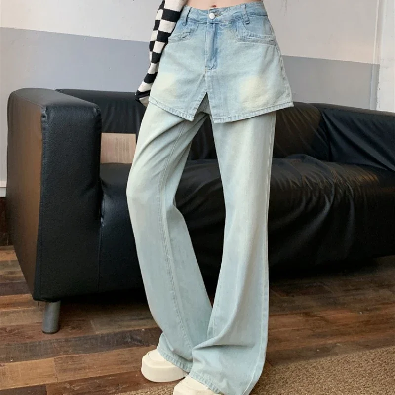 Fake Two Pieces Splicing Flared Jeans Women Retro Straight Leg High Waist Solid Color Office Lady Versatile Denim Pants Female