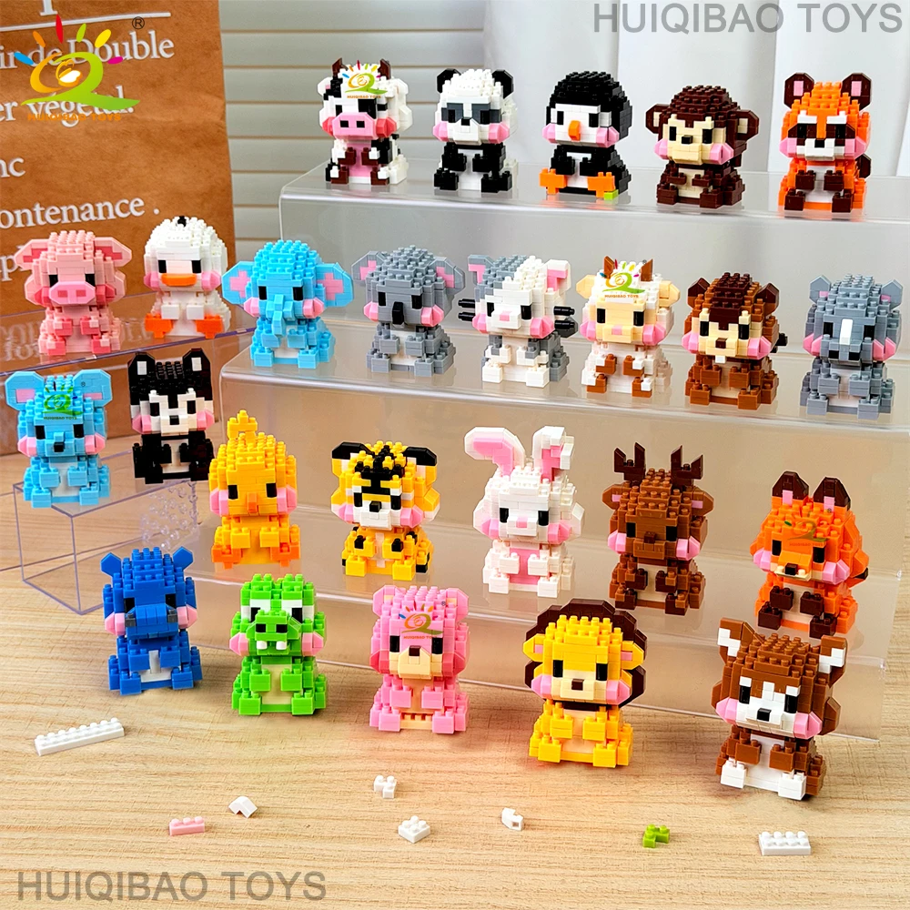 HUIQIBAO MINI Cute Pet Animal Penguin Micro Model Building Block Set City Cartoon Lion Diamond Bricks Birthday Toys for Adult