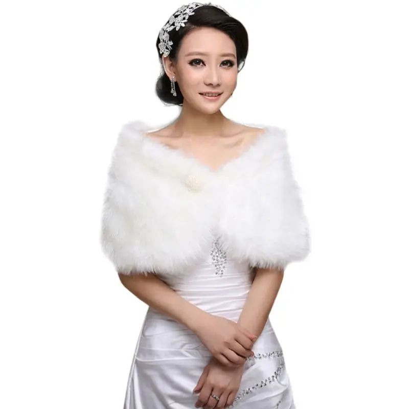 Womens White Faux Fur Bridal Wrap Stole Shawl Cape Wedding Artificial Pearl Ball Embellishment Winter Jacket Coat Shrug