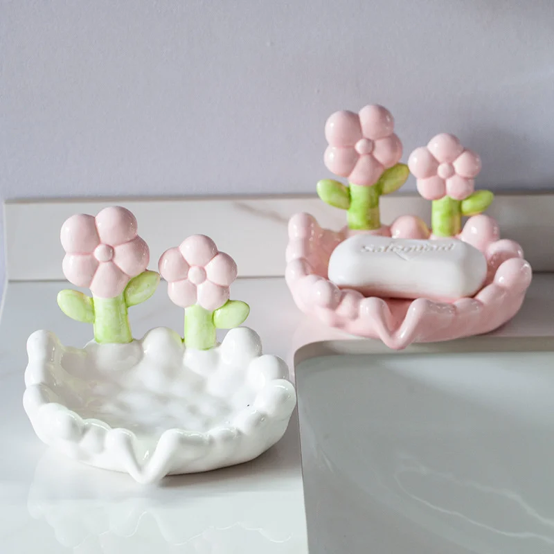 

Home Creative Cute Flower Ceramic Soap Box Punch-free Draining Household Soap Drainage Washstand Storage Rack