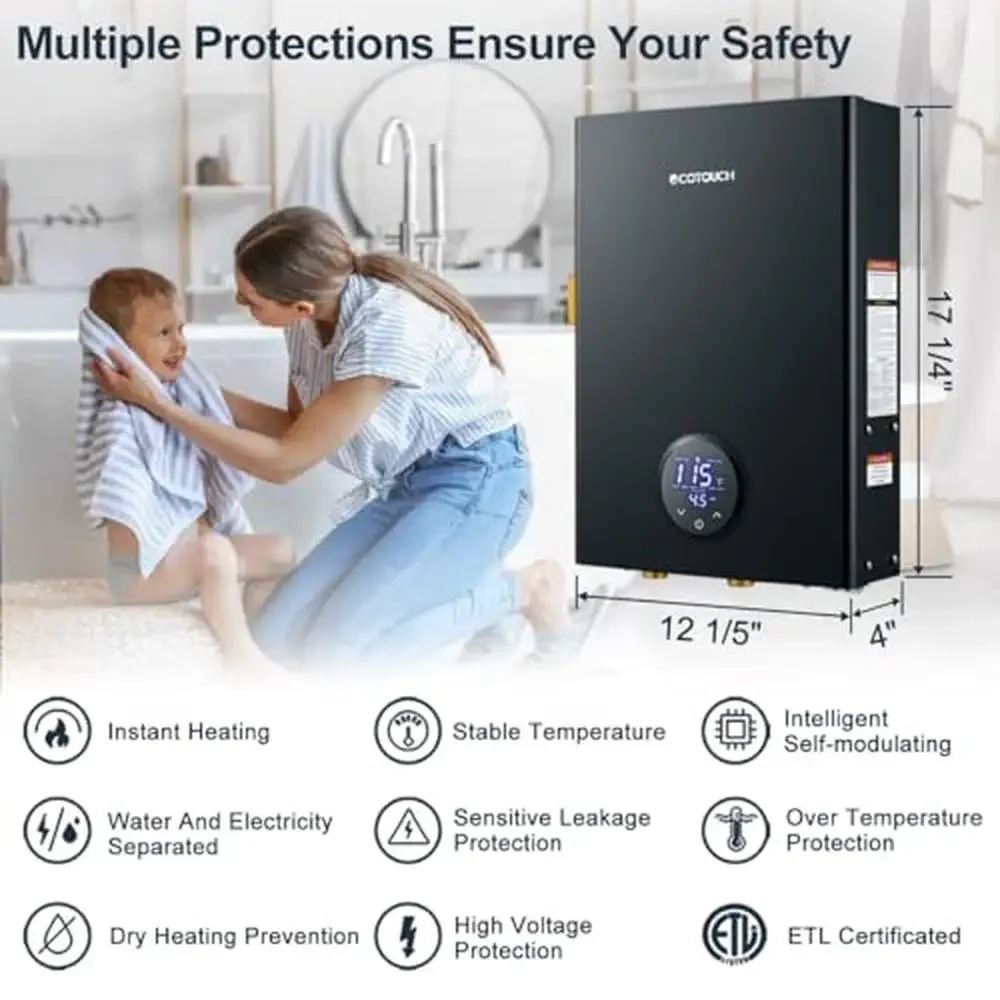 Tankless Electric Water Heater 24kW On Demand Smart Point of Use ETL Certified Touch Control Panel LED Display Instant Hot Water