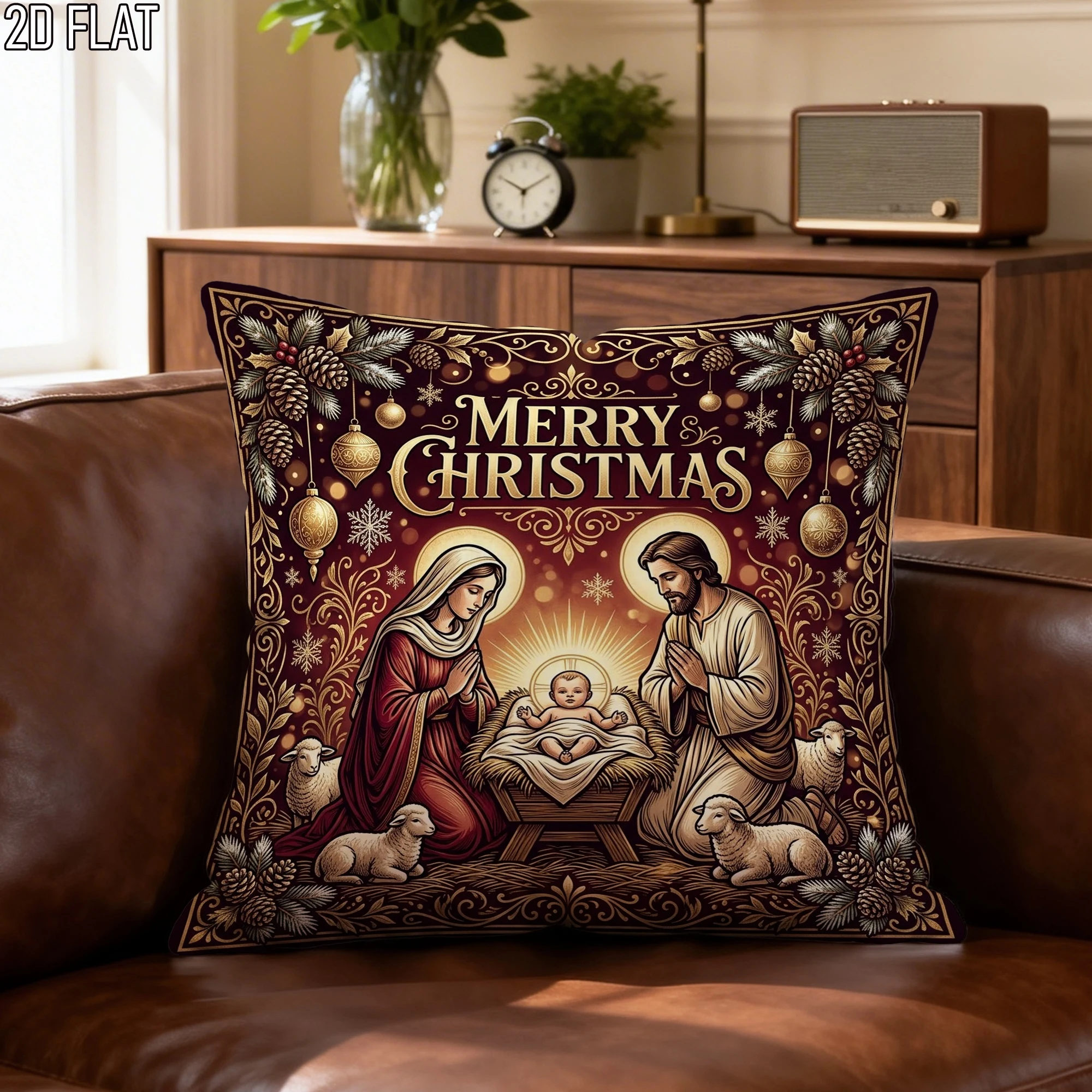 Merry Christmas Pillow Case, Religious Nativity Cushion Cover, Vintage Holy Family Decor, Festive Home Textile, Xmas Gift for