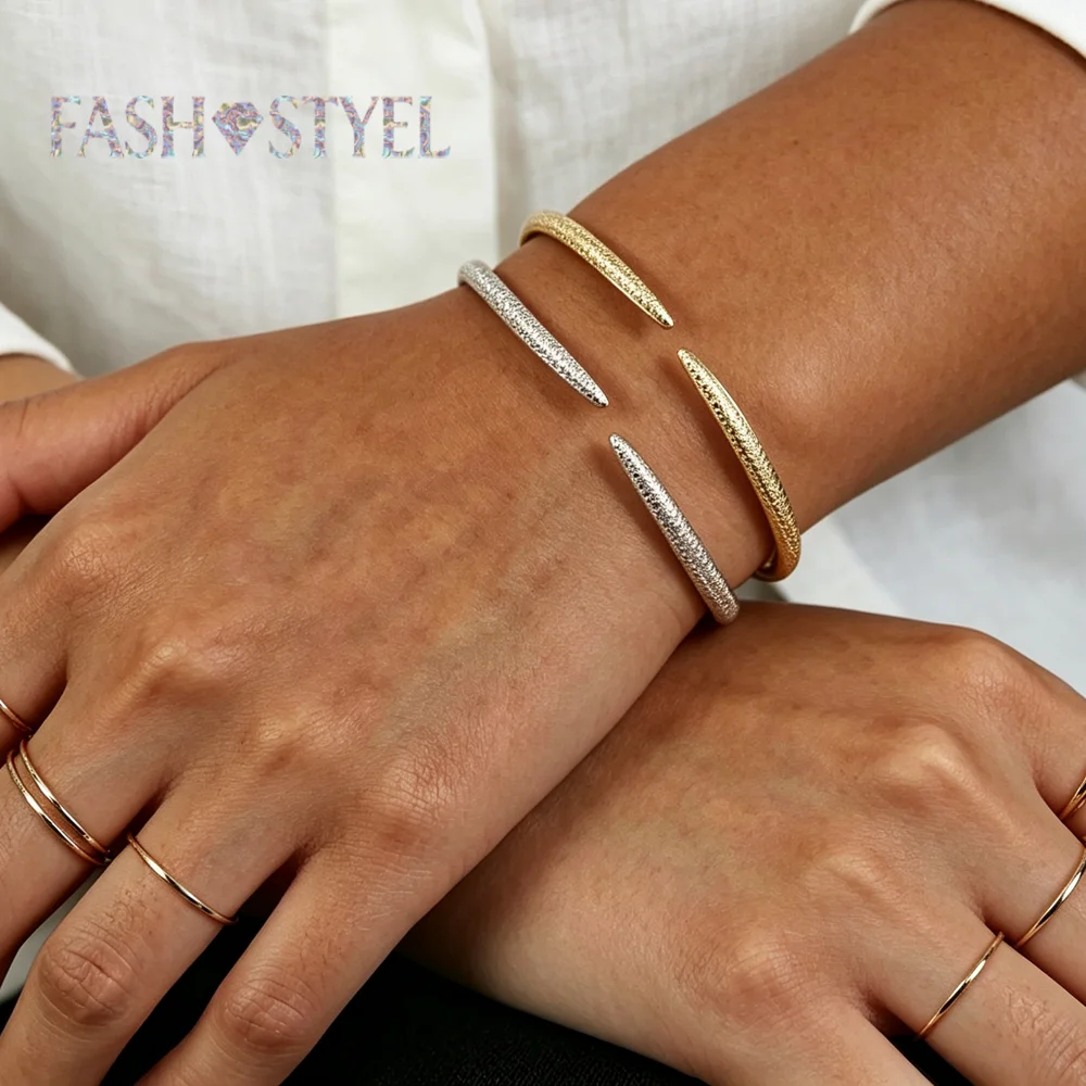 Women Open Cuff Bangle Paved Cubic Zirconia Adjustable Bangle Punk Fashion Jewelry Gift