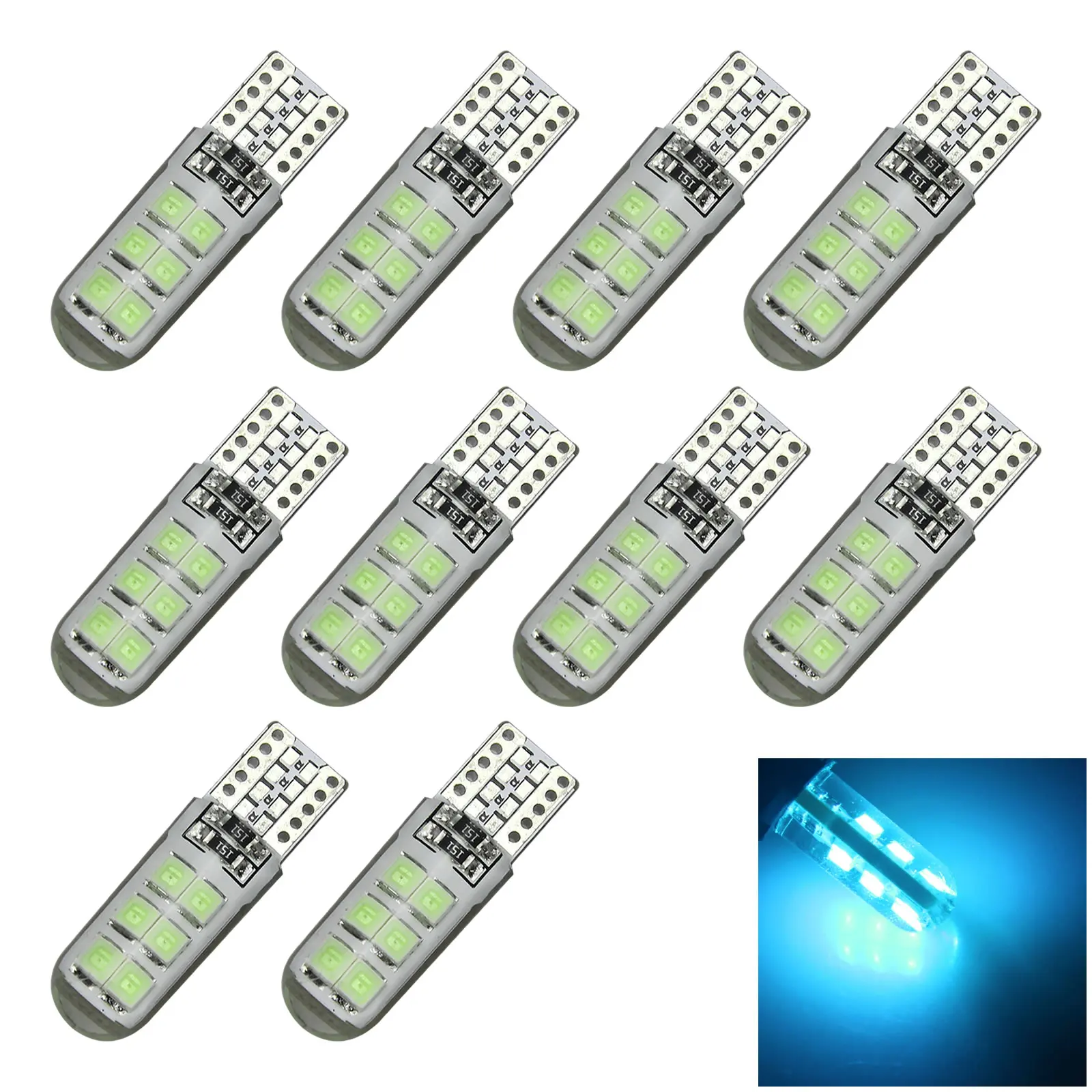 10x Ice Blue RV T10 W5W Corner Light Reading Bulb Silicone 12 2835 SMD LED 585 655 656 Z2748