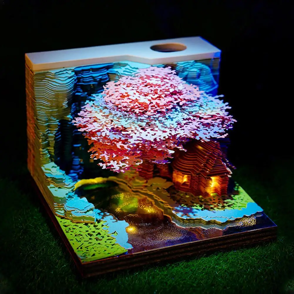 3D Desk Note Pad Sakura Tree House Memo Pad LED Light Tear-Away 3D Art Note Pads Paper Carving Home Decoration