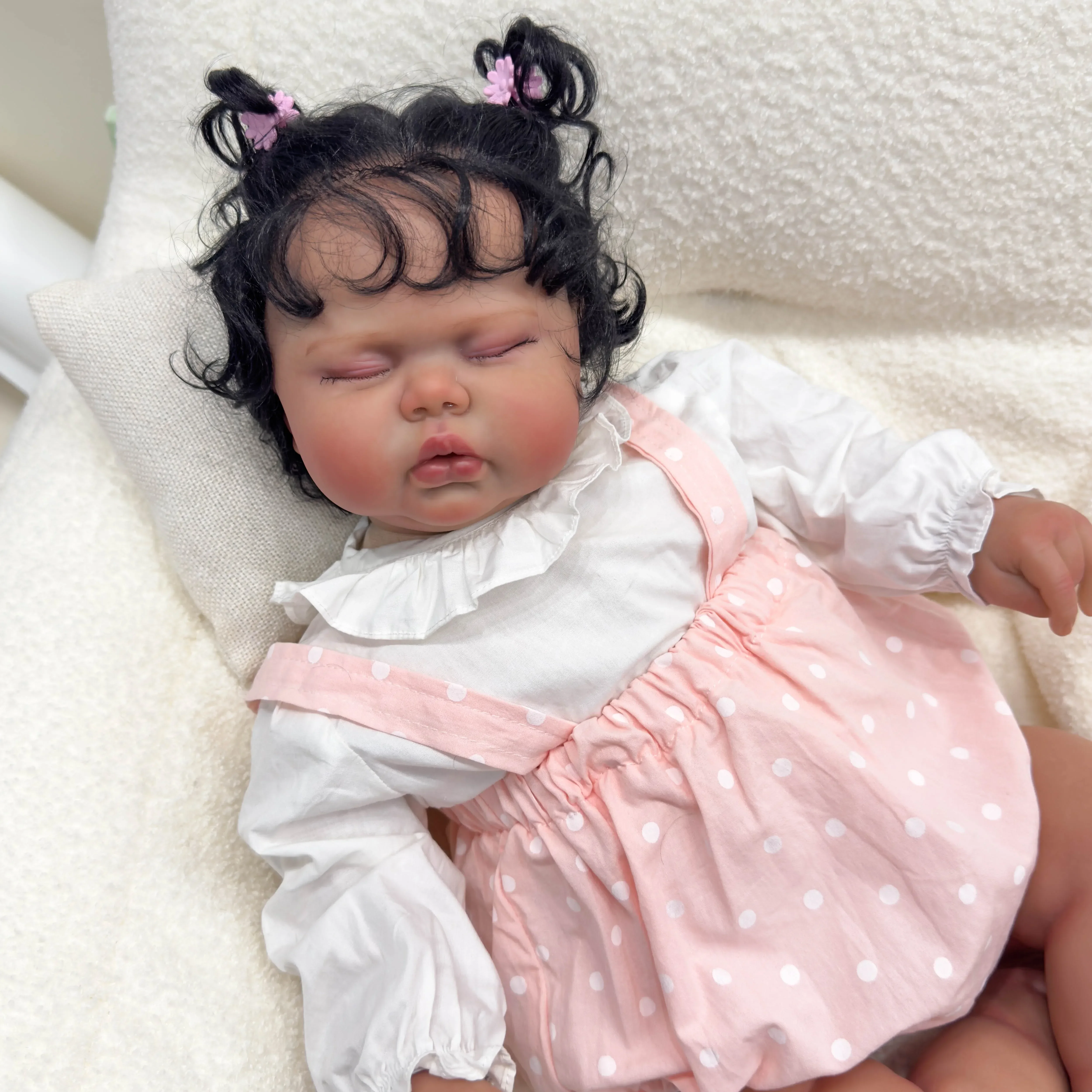 24Inch Pickle Sleeping Dark Skin Soft Cloth Body Lifelike Reborn Toddler Hand Rooted Hair Cuddly Baby Girl Doll  Baby