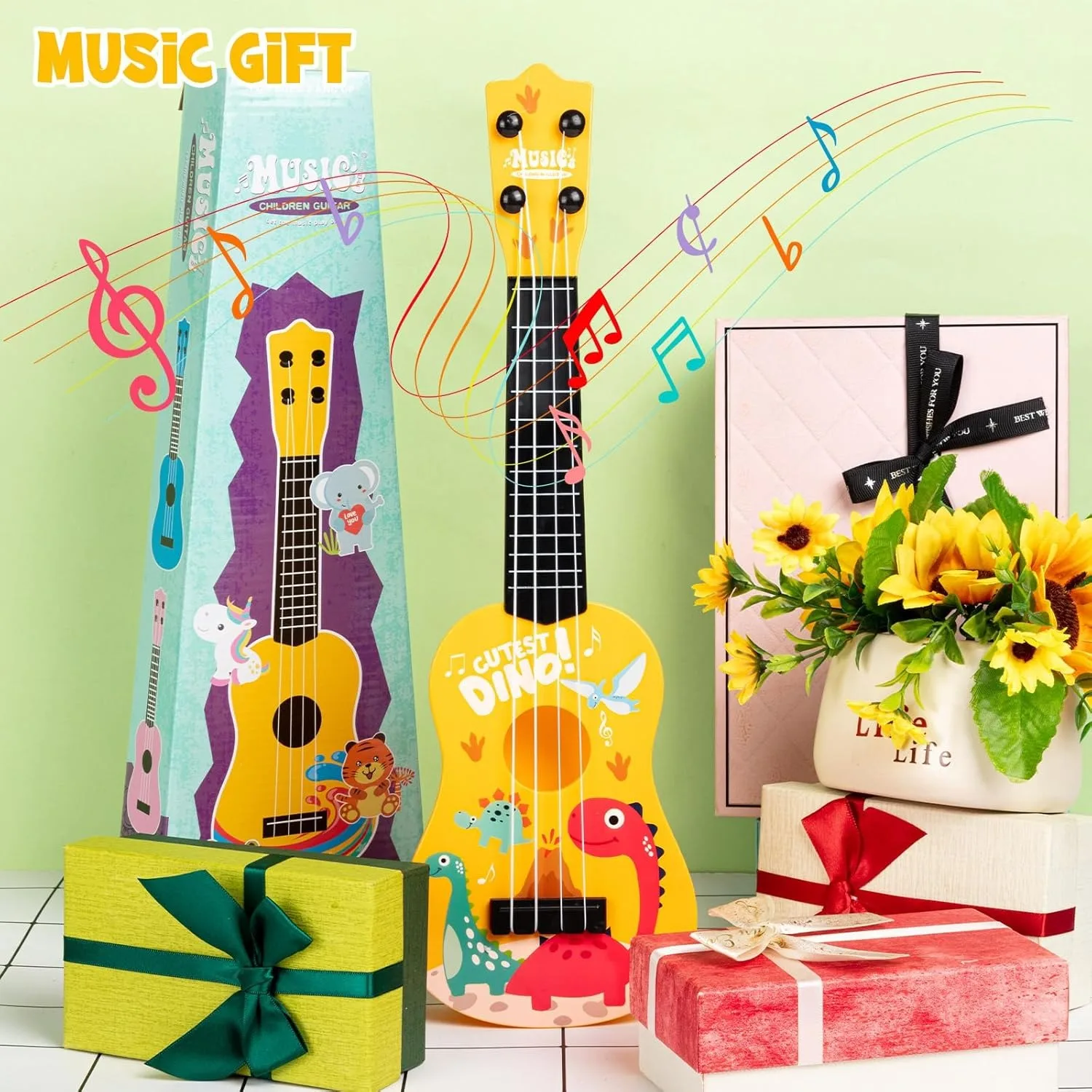 17 Polegada mini crianças guitarra clássica ukulele de 4 cordas-design dinossauro, presente de aniversário de natal, brinquedo musical para iniciantes, festa