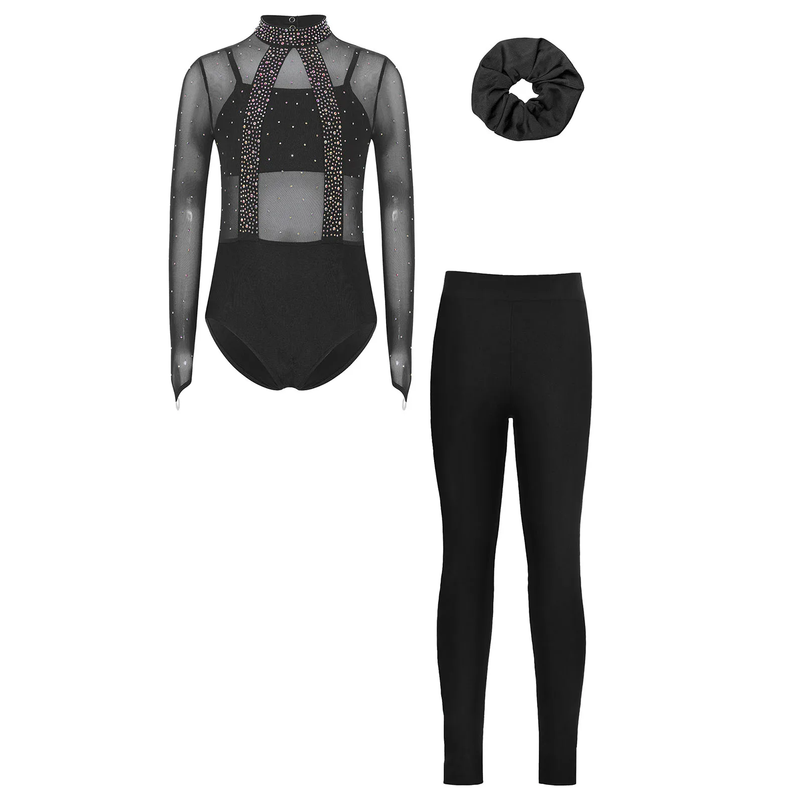 Kids Girls Gymnastics Leotard Rhinestones Sheer Mesh Figure Skating Yoga Ballet Dance Unitards with Camisole Leggings Hairband