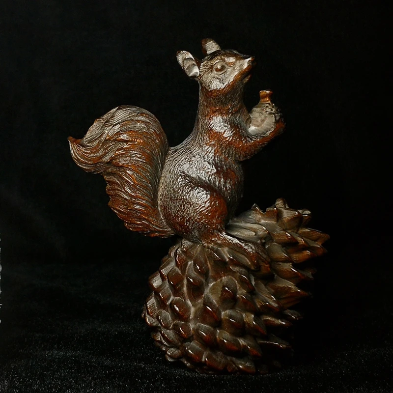 

YIZHU CULTUER ART H 3.7 in Old Chinese boxwood hand carved Pinecone Squirrel Animal Statue table decoration Gift collectable