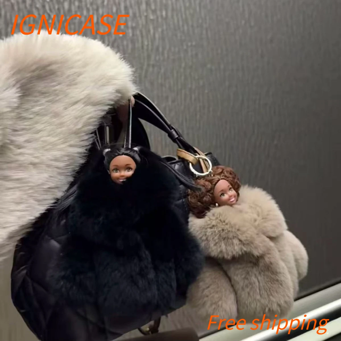 IGNICASE New Fur Doll Cute Rabbit Fur Plush Jacket Bag Pendant Ugly Cute Doll Black Leather High-end Luggage Pendant Accessories