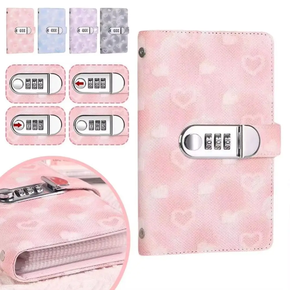 Password Lock Cash Savings Book PU Leather Waterproof Design Savings Wallet Notebook Heart Print Large Capacity